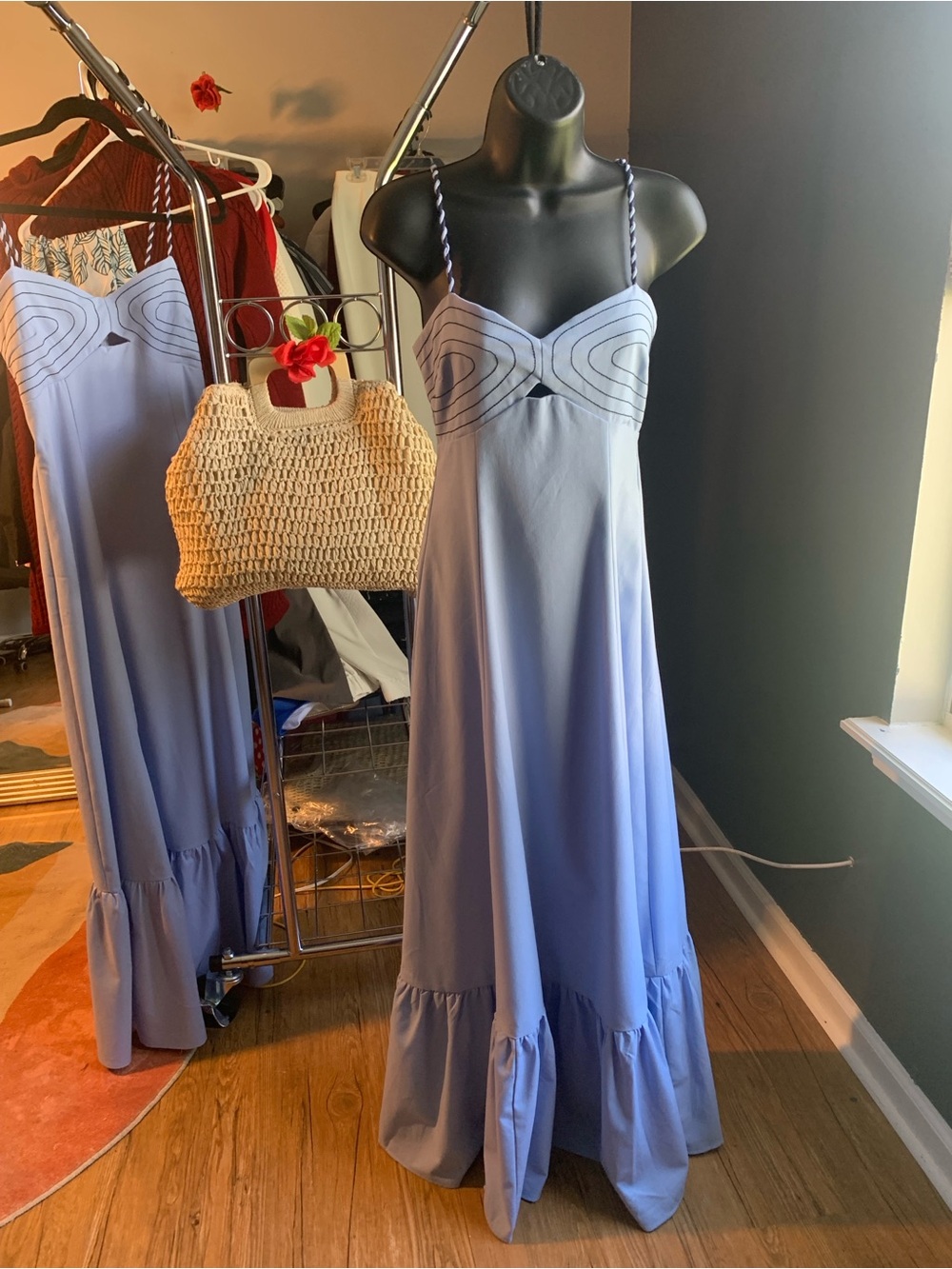 Light Blue Corset‑Inspired Maxi Dress with Braided Straps 55% Linen   45% Cotton
